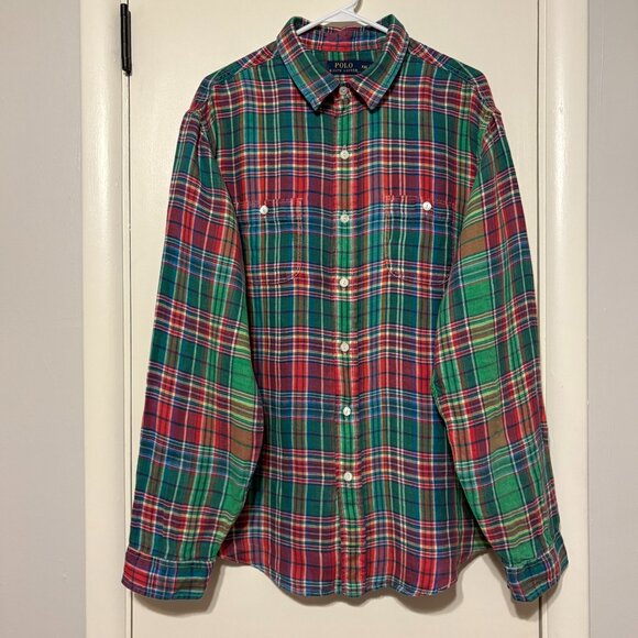 Ralph Lauren Polo Mens Red/Green Plaid Linen Twill Button-Front Shirt XXL/2XL - Picture 1 of 9